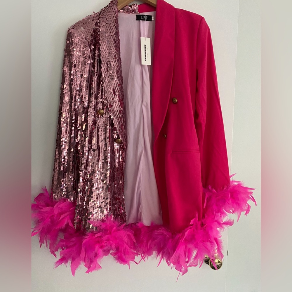 Blazer Vibrant Pink Sequin Blazer with Feather Trim - Picture 5 of 10
